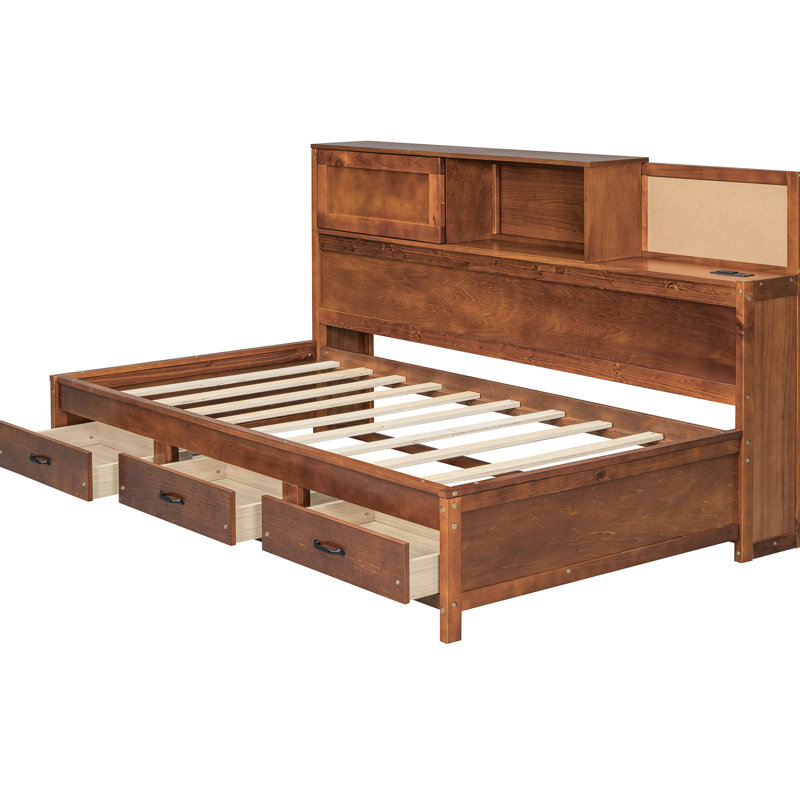 Walnut Twin Wooden Daybed Featuring 3 Storage Drawers, Upper Soft Board, Shelf And For Practical Organized Decor Size With Stylish Functional Lounge