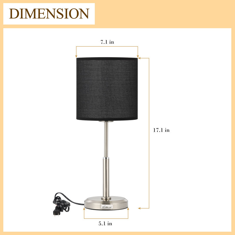 Lampe de table de chevet en acier brossé avec abat-jour en tissu noir et petites lampes en métal noir