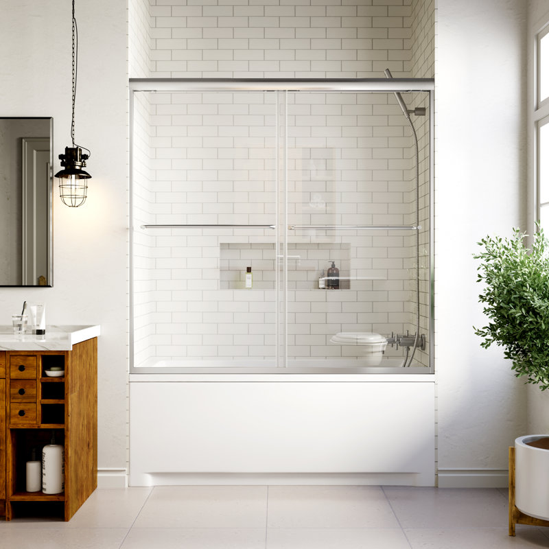 56" - 60" W x 58" H Double Sliding Semi-Frameless Tub Door with 1/4" (6mm) Clear Tempered Glass, Chrome