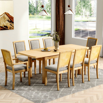 Rustic Extendable Dining Table Set With Removable Leaf , 6 Upholstered Armless Dining Chairs And 2 Padded Arm Chairs, 9 Pieces