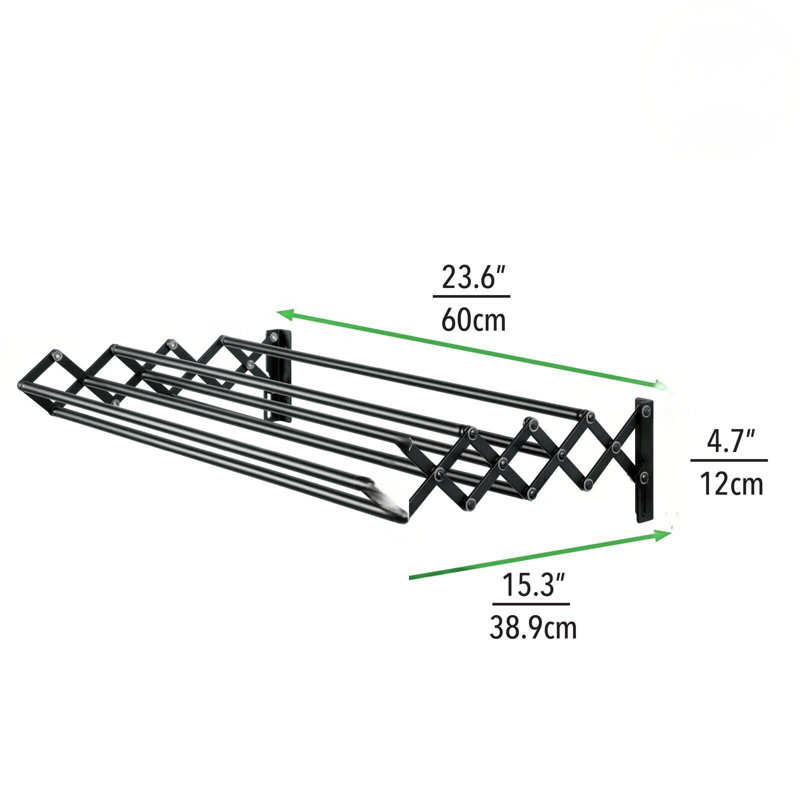 Séchoir à vêtements rétractable extensible en acier à fixation murale en acier - 8 barres pour suspendre les vêtements - Organisateur, noir