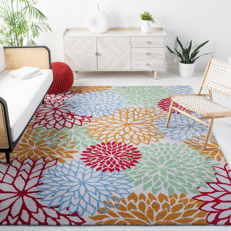 Strothers Floral Handmade Tufted Cotton/Wool Blue/Orange/Red Area Rug, Rectangle 8' x 10'