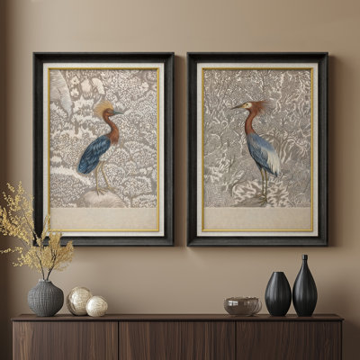 Élégant héron sur fond ornemental, ensemble de 2 reproductions d'art encadrées de qualité supérieure sur papier 26 po x 36 po