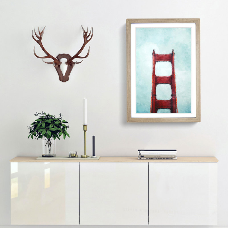 The Top of the Golden Gate Bridge - Picture Frame Painting Print, Oak Framed, 87cm H x 62cm W x 2cm D