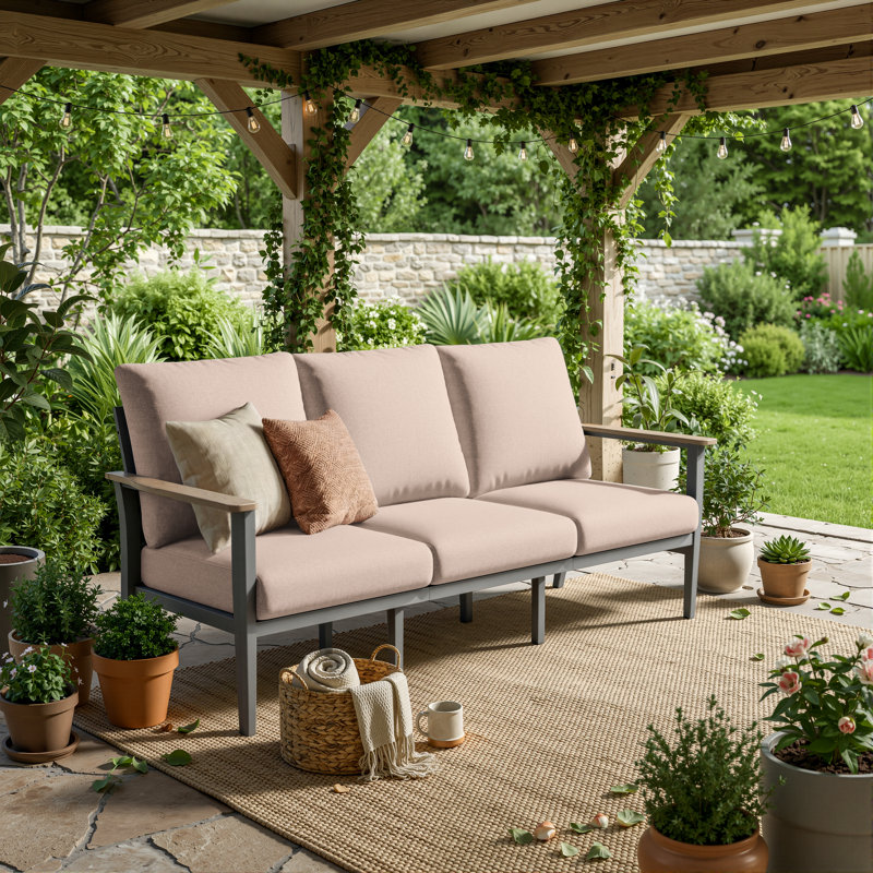 78" Wide Aluminum Outdoor Patio Sofa with Wood-Look HDPE Armrests & Deep Cushions, Taupe