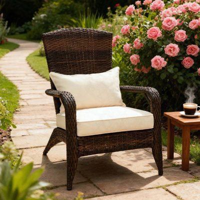 Patio Chair With Rattan Wicker, Soft Cushions, Tall Curved Backrest
