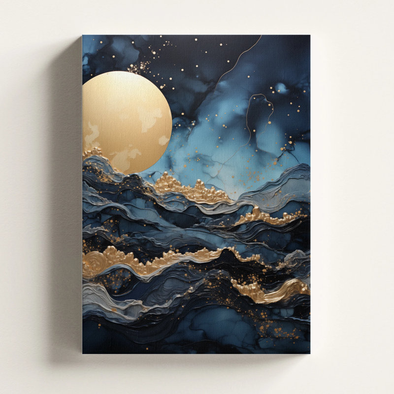 Ivy Bronx Navy Blue & Gold Canvas Wall Art | Golden Moon Over Ocean ...