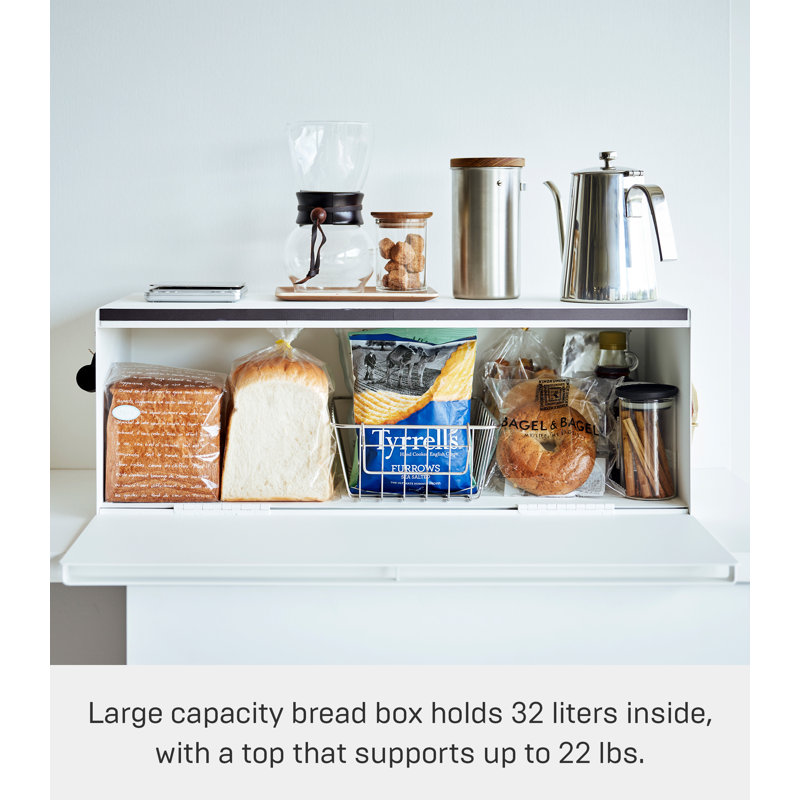 Wide White Steel Bread Box with Magnetic Door