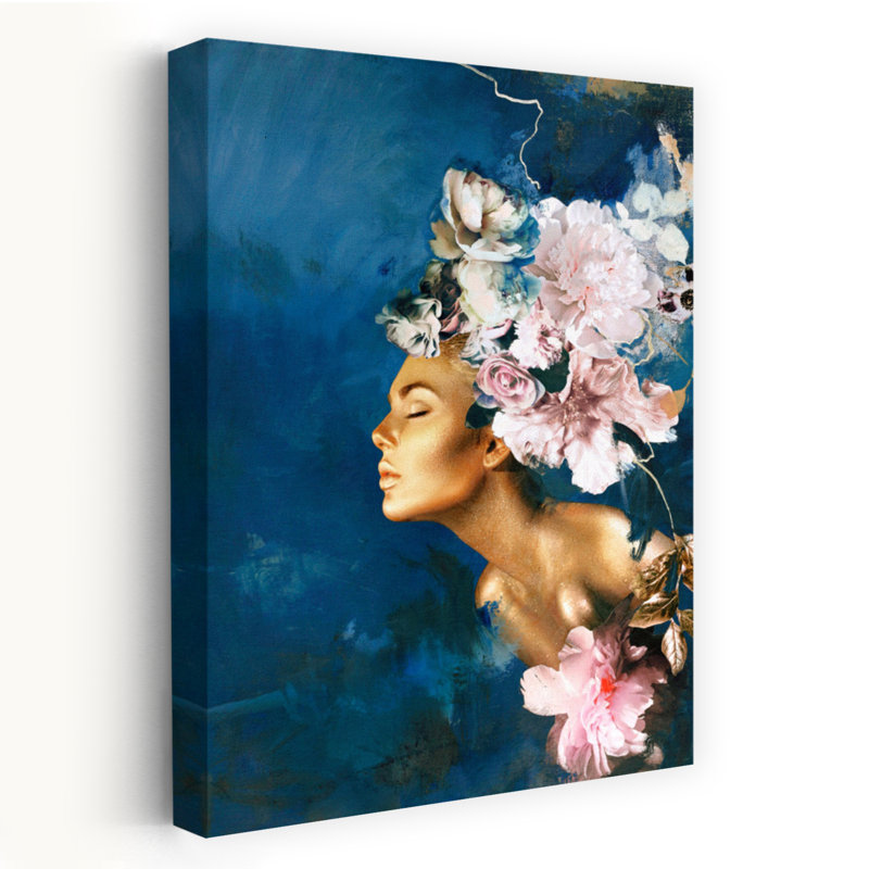 Or sur fond bleu, pivoine, H 48 po x l 32 po