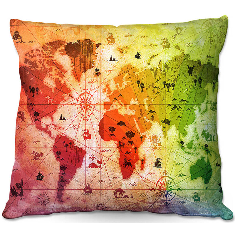 Housse et insert de coussin Couch Whimsical World Map III, H 16 po x l 16 po x P 4 po, Vert / rouge / bleu