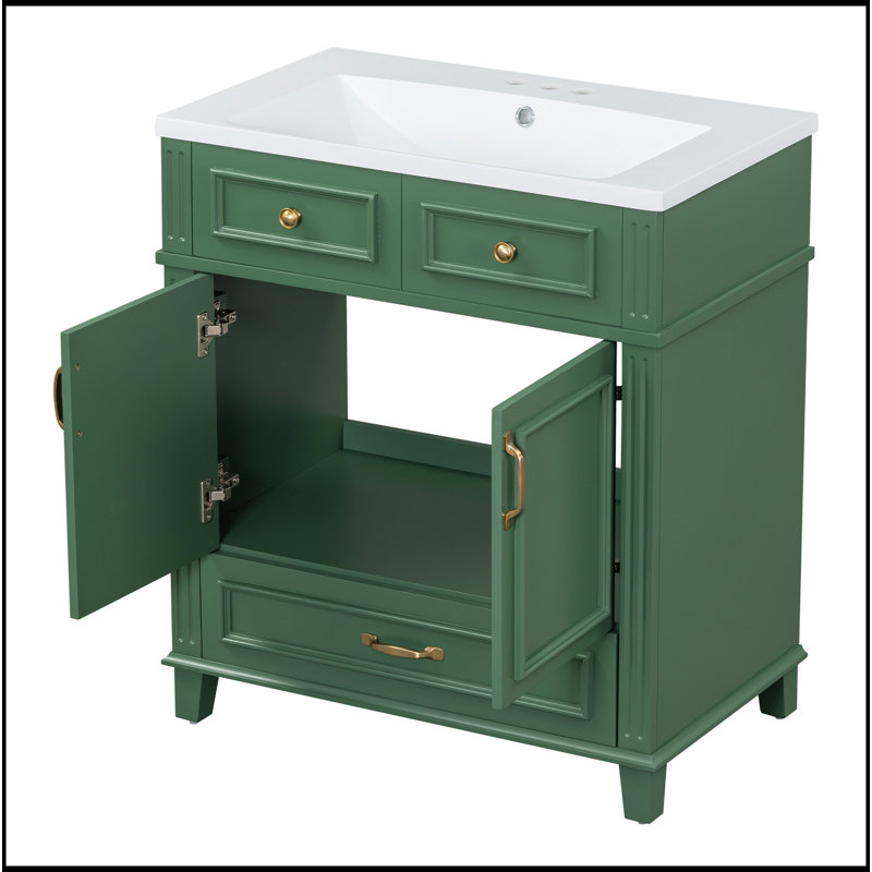 Meuble-lavabo de 30 po avec lavabo en résine, armoire de rangement en bois massif avec portes à fermeture douce, style rétro