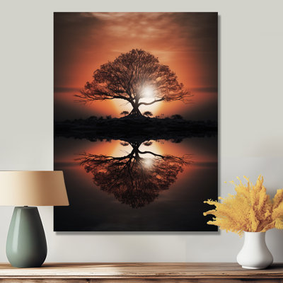 Silhouette d'un arbre majestueux sur un lac - art mural chêne