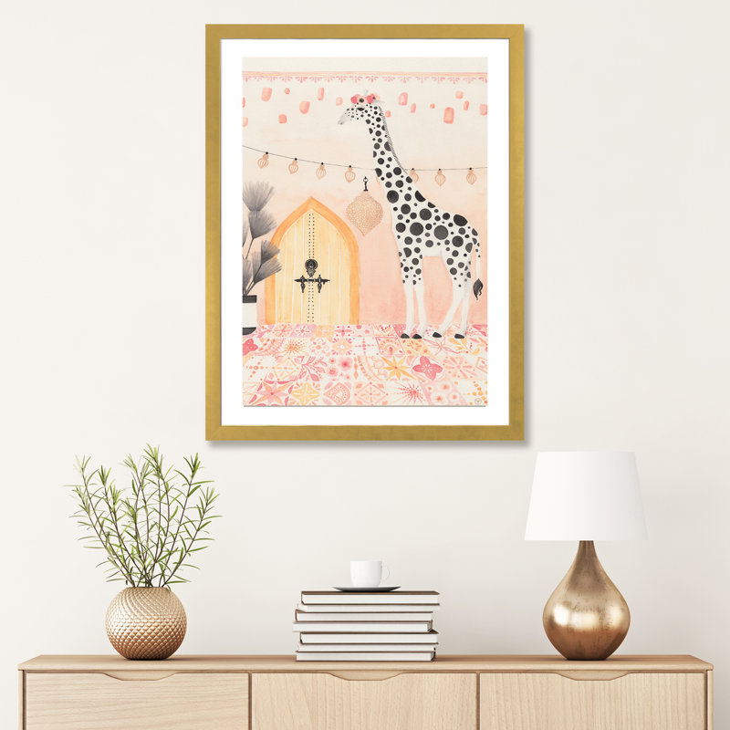Girafe au Maroc, art encadré, H 32 po x l 24 po x P 1 po, Papier encadré doré