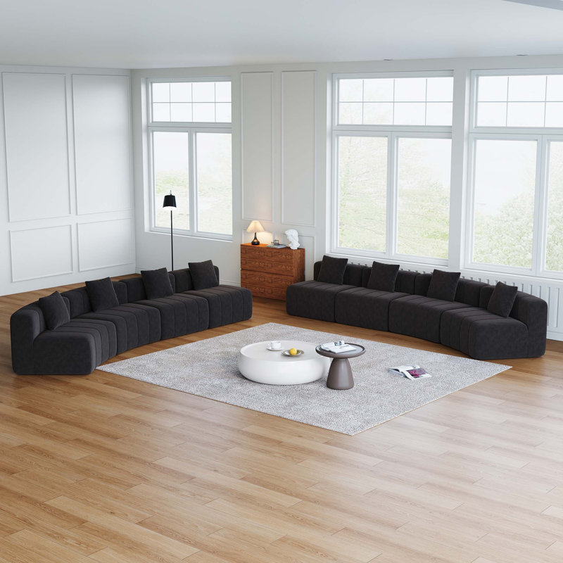 Canapé modulaire courbé modulaire avec 4 coussins et siège pour piano, Tissu noir, H 29 po x l 153,5 po x P 153,5 po
