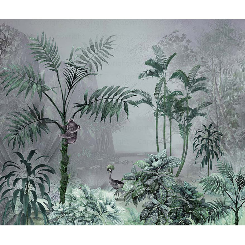 Papier peint faune forêt tropicale, koala et grue, scène de jungle, L 110,04 po x l 122 po, Gris