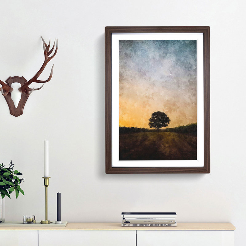 Lone Tree at Dusk - Framed Print, 87cm H x 62cm W x 2cm D, Walnut Framed