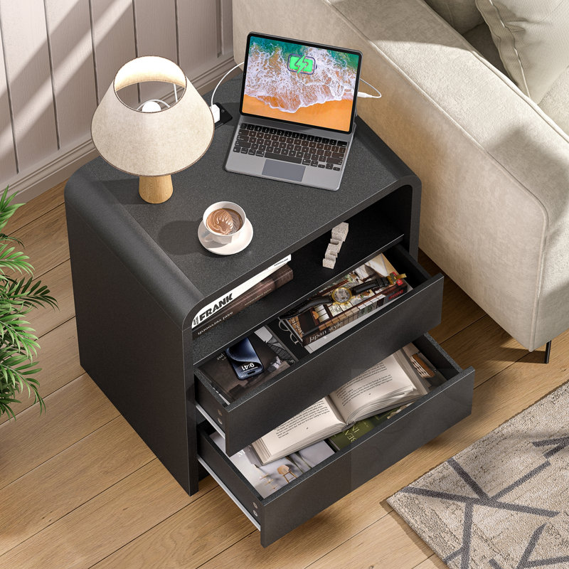 Table de chevet avec station de charge et 3 tiroirs et ports USB, Noir