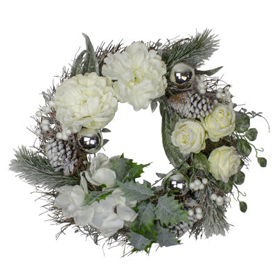 Couronne de Noël en pin artificiel blanc et argent