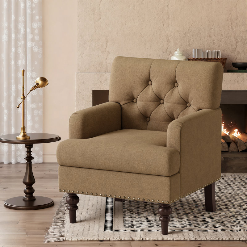 Luxury Tufted High Leg Armchair with Nailhead Trim and Plush Thick Padded Cushion, Brown Fabric