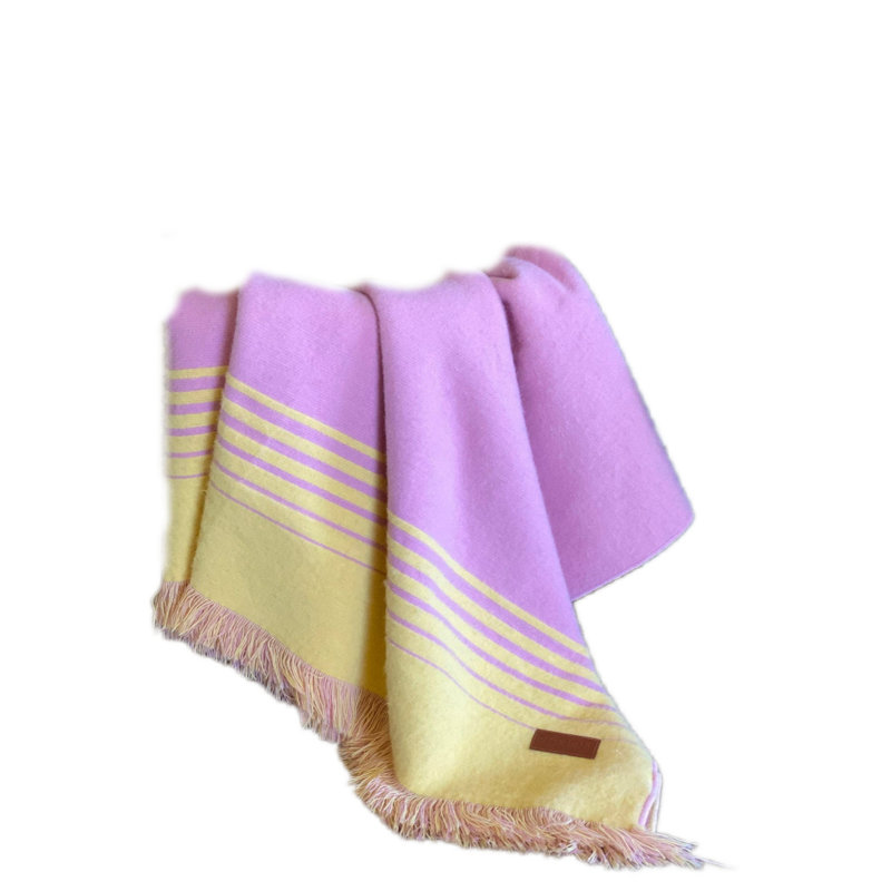 Jeté à rayures jaunes en acrylique tissé avec franges