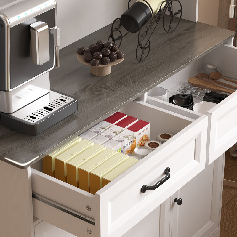 Garde-manger de 71 po de hauteur avec bar à café, prise de courant intégrée, bande lumineuse à DEL, support à vin, 5 portes et tablettes réglables