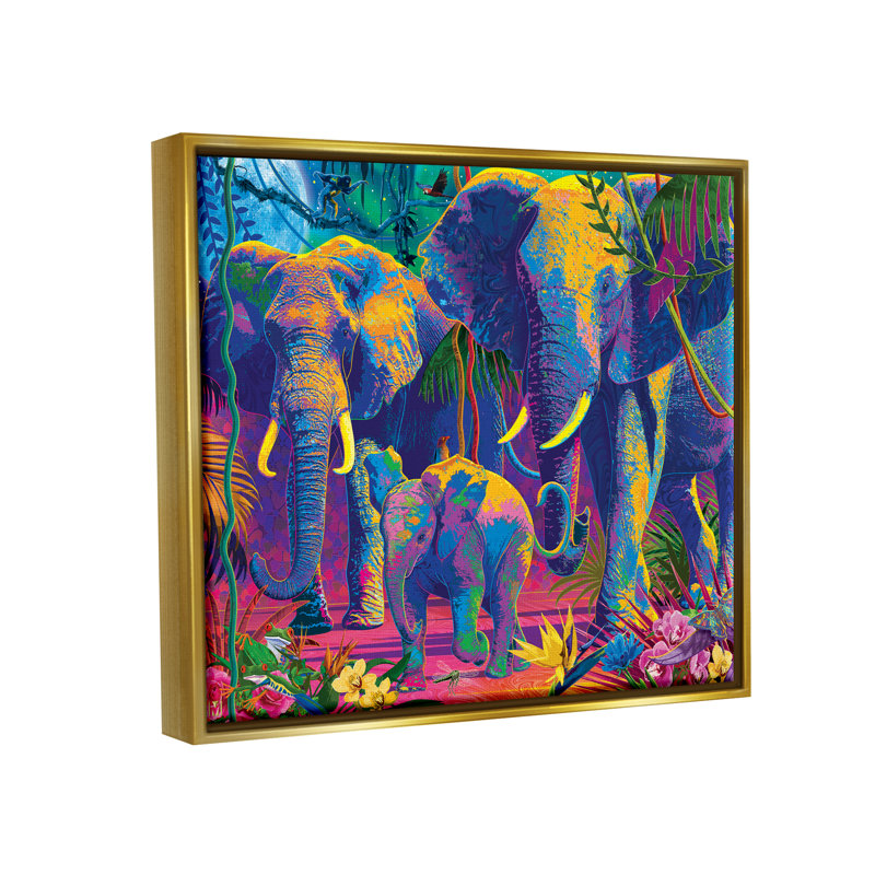 «Elephants In Vivid Hues» par Michael Ward, H 25 po x l 31 po x P 1,7 po, Cadre flottant noir de jais