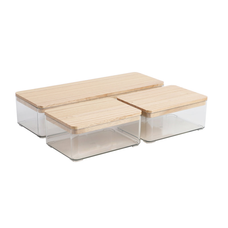 Thomas Martha Stewart Stackable Plastic Storage Box Set with Wooden Lids, Clear/Light Natural