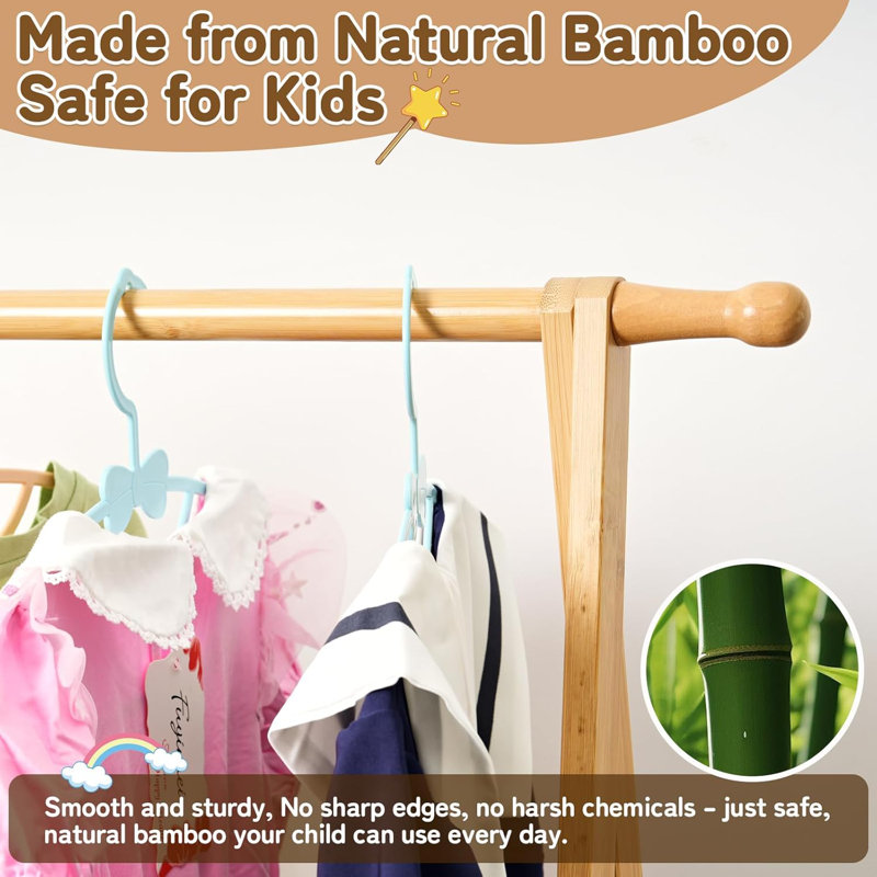 Support à vêtements en bambou pour enfants avec boîte de rangement - pliable, support à vêtements pour enfants avec crochets et tringle