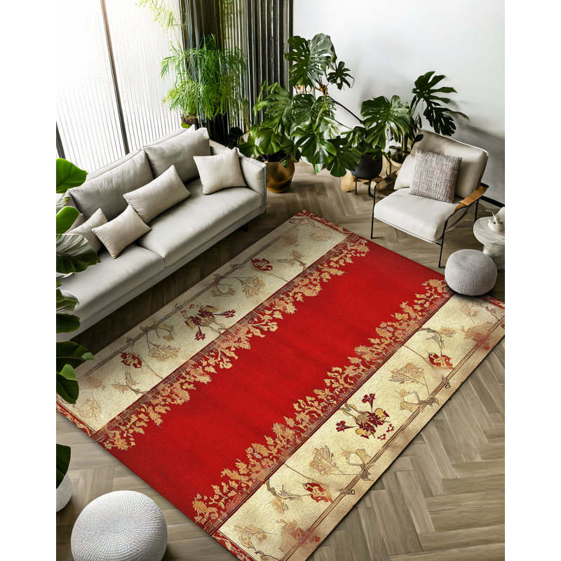 Susan Beige Red Oriental Machine Printed Cotton Polyester Area Rug, Runner 6'7" x 16'5"