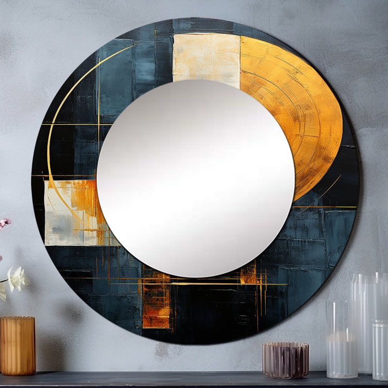 Shanneka noir et or géométrique Arches I - miroir de formes abstraites, miroir mural rond unique moderne, art imprimé en métal