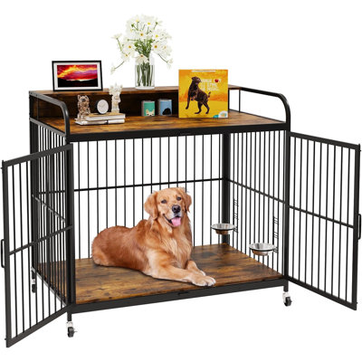 Heavy Duty Dog House for Medium Dogs with 360°Wheels for Easy Mobility, Dog Crate Furniture Style Cages, Adjustable Height Feeder