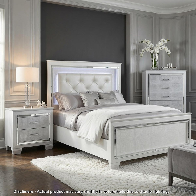 Alen 3 Pc Full Size Bedroom Set, Button Tufting, Mirror Trim, Black