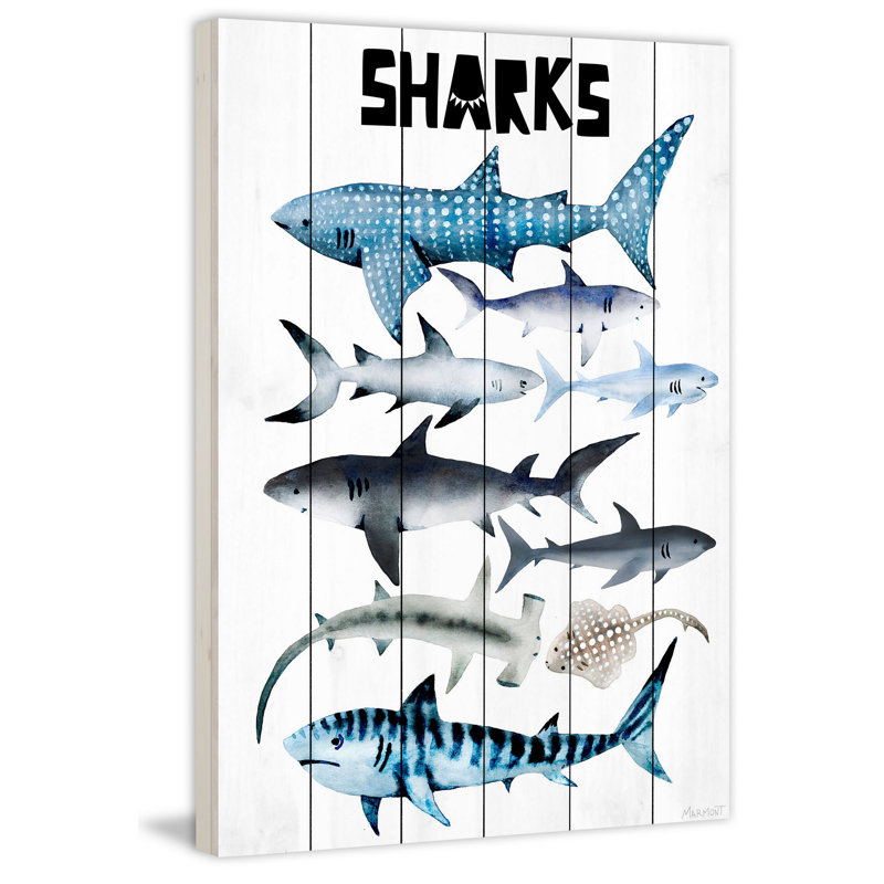 'Sharks' Art Print On White Wood, 24" H x 16" W  x 1.5" D