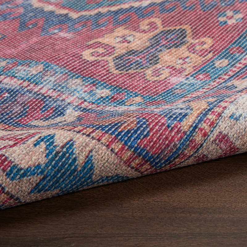 Tapis bleu marine / rouge pâle / beige lavable à la machine, Rectangle 4 pi x 6 pi