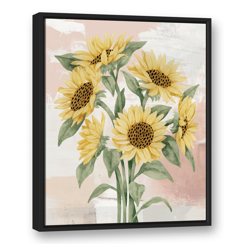 Tournesols sur fond rosé - peinture, Toile à cadre flottant noir, H 31,75 po x l 25,75 po x P 1,75 po