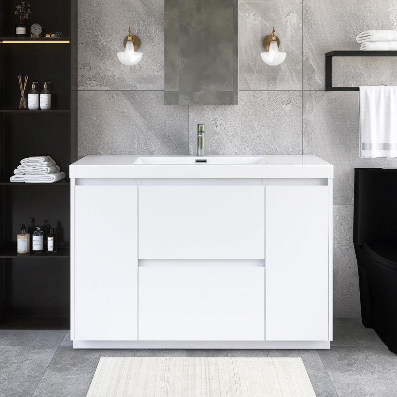 Meuble-lavabo autoportant 47,24 po avec plateau en résine intégré, Blanc