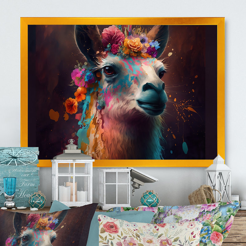 Floral Lama II - reproduction sur toile, L 40 po x H 30 po, Impression dorée sur toile encadrée