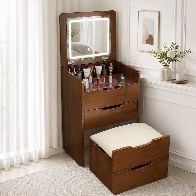 Coiffeuse 3 en 1 à plateau rabattable avec miroir DEL et plateau en verre