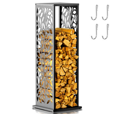 4-ft Leaf-pattern Firewood Rack With Decorative Laser-cut Panels, Heavy-duty 300-lb Steel Log Holder & Display Shelf