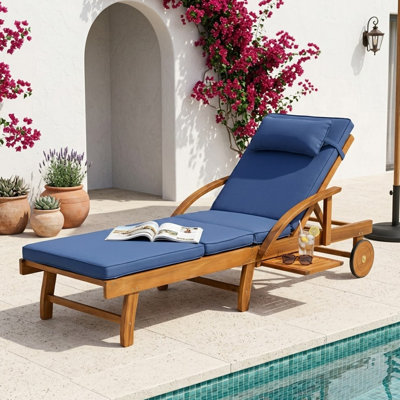 Resort Style Patio Chaise Lounge with Acacia Wood Frame Cushions Headrest and Pull Out Side Tray for Patio Poolside Garden or Beach