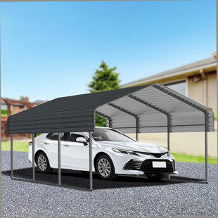Abri de voiture en métal 12 x 20 pi avec base améliorée et toit en acier galvanisé, abri de voiture extérieur robuste pour voiture, bateaux et camion