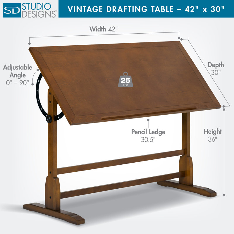 Gumesindo Solid Wood Drafting Table, 36" H x 42" W x 30" D, Rustic Oak