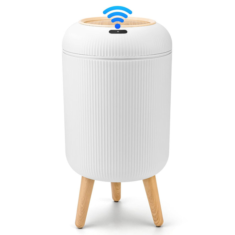 White Plastic Touchless Sensor Wastebasket with Wooden Legs