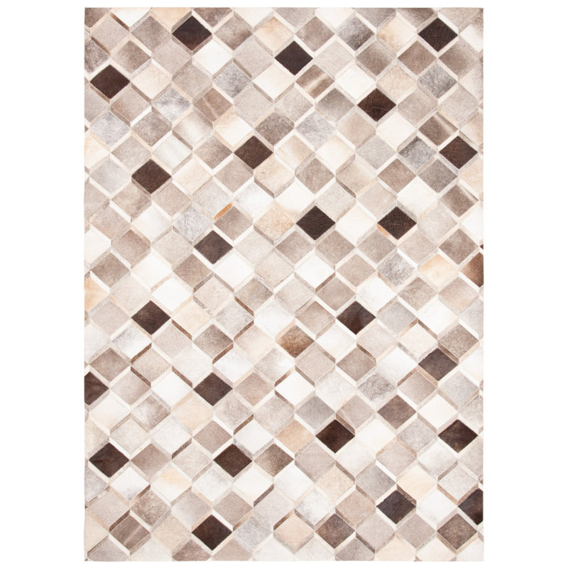 Sebring Hand Woven Leather/Felted Cloth Geometric Rug in Ivory/Gray, Square 6'