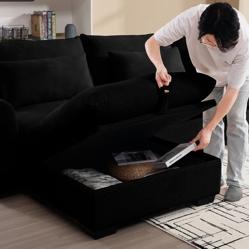 Velours côtelé noir avec assise profonde et 4 coussins, rangement en forme de L pour une expérience relaxante assise, tabouret à coussins Cozy Life