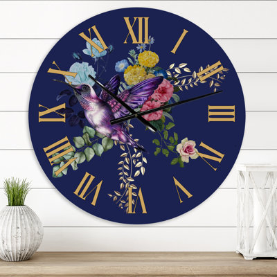 Petit oiseau sur un bouquet coloré de fleurs sauvages I - Horloge murale traditionnelle