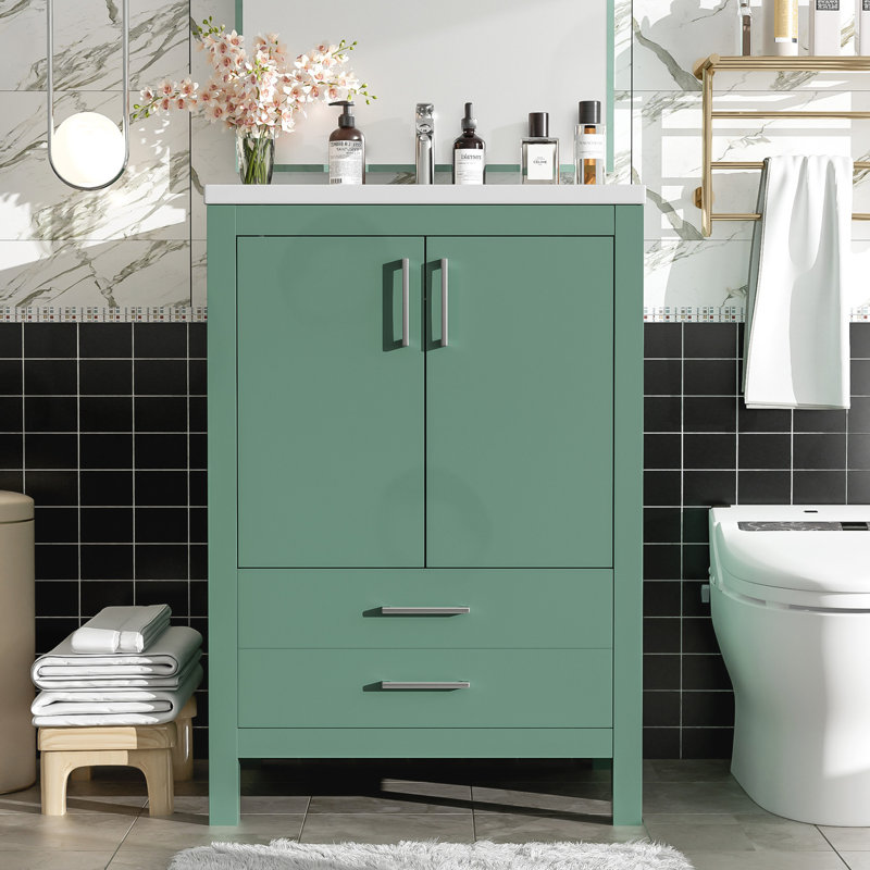 Ensemble de meuble-lavabo avec lavabo en céramique et poignées argentées, Vert
