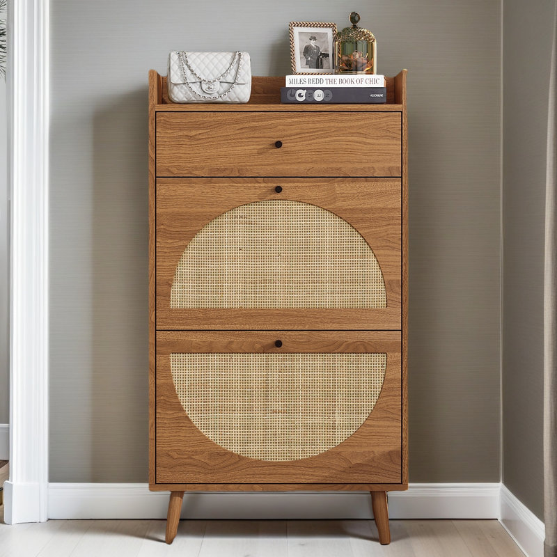 Rotin, armoire à 2 portes et 1 tiroir Allen, range-chaussures, double couche, convient à l'entrée, Noyer