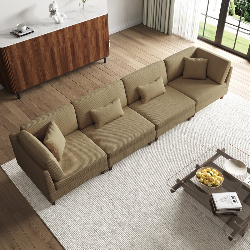 4 - Piece Upholstered Corduroy Modular Sectional with Pillow Back and Solid Wood Legs, Camel Corduroy