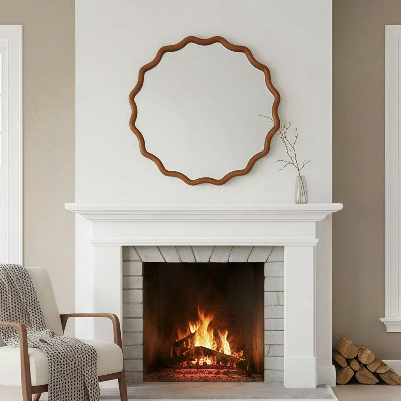Miroir décoratif rond en bois massif ondulé 24 po, pour chambre à coucher, salle de bain, salon, vestibule, Yellowish-Brown